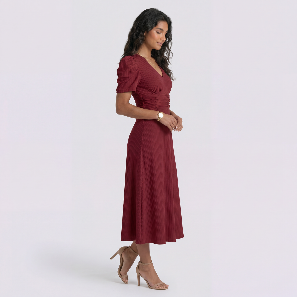 Damen Midi-Kleid Emma – V-Ausschnitt, Hochbund, Raffung