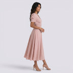 Damen Midi-Kleid Emma – V-Ausschnitt, Hochbund, Raffung