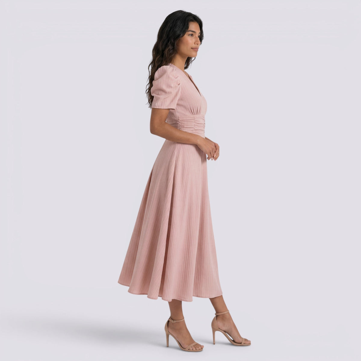 Damen Midi-Kleid Emma – V-Ausschnitt, Hochbund, Raffung