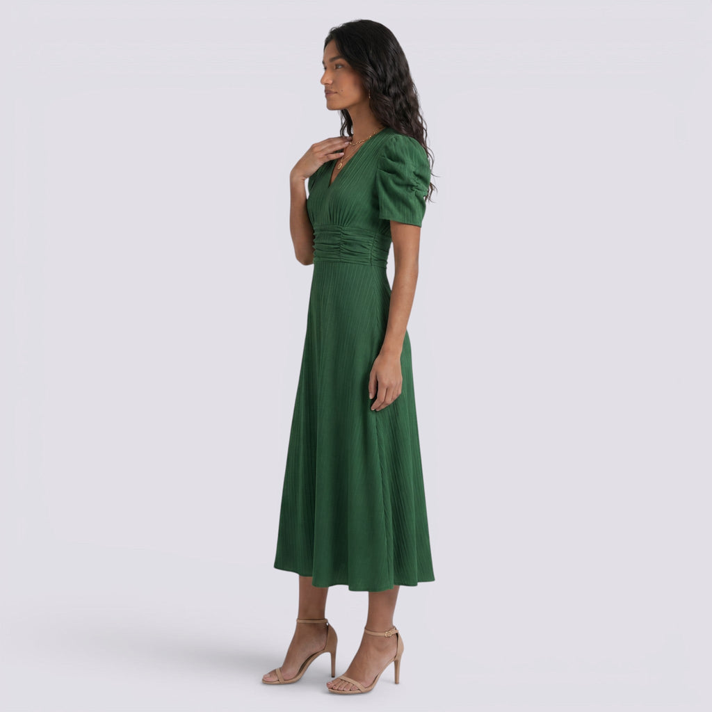 Damen Midi-Kleid Emma – V-Ausschnitt, Hochbund, Raffung