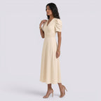 Damen Midi-Kleid Emma – V-Ausschnitt, Hochbund, Raffung