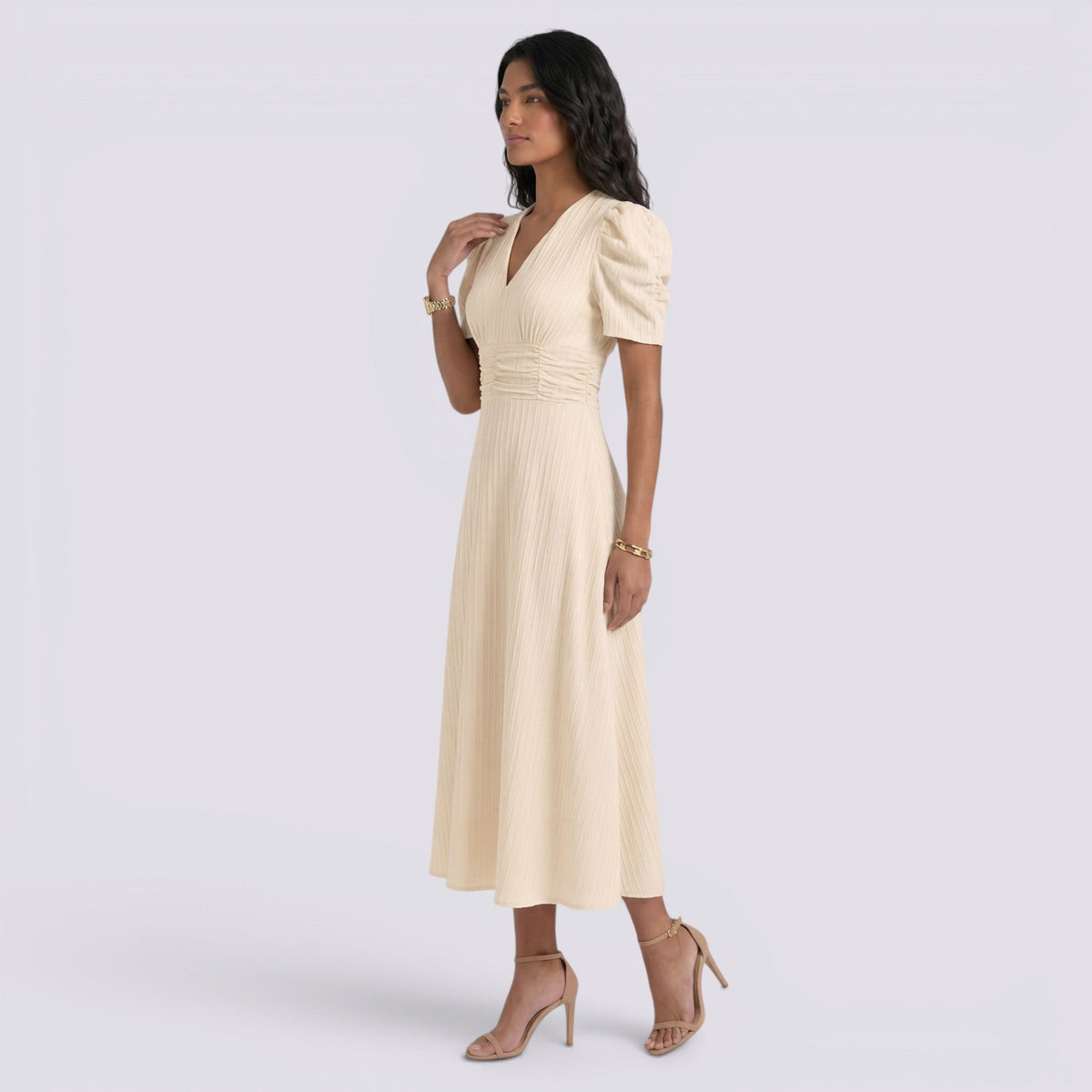 Damen Midi-Kleid Emma – V-Ausschnitt, Hochbund, Raffung
