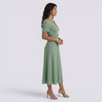 Damen Midi-Kleid Emma – V-Ausschnitt, Hochbund, Raffung