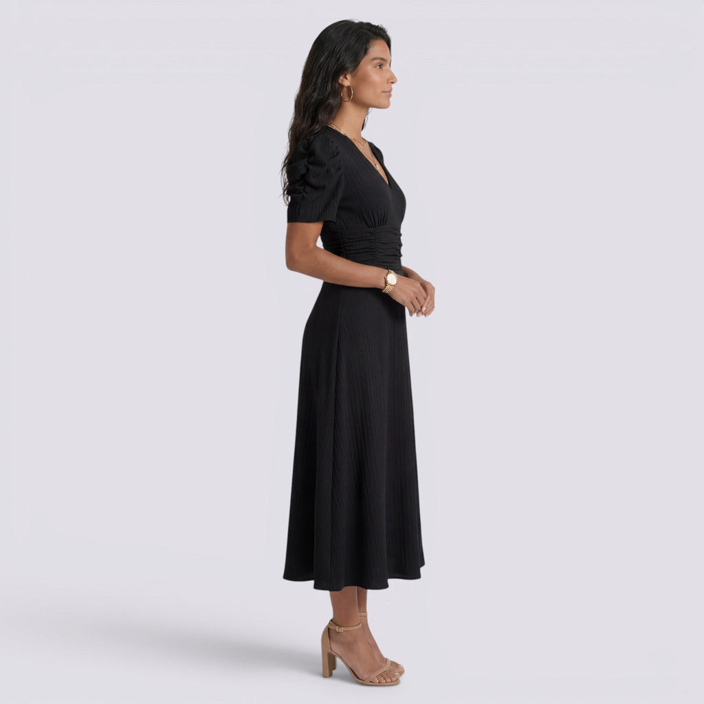 Damen Midi-Kleid Emma – V-Ausschnitt, Hochbund, Raffung