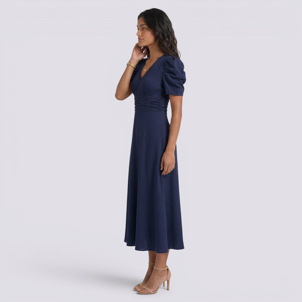 Damen Midi-Kleid Emma – V-Ausschnitt, Hochbund, Raffung
