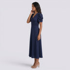 Damen Midi-Kleid Emma – V-Ausschnitt, Hochbund, Raffung