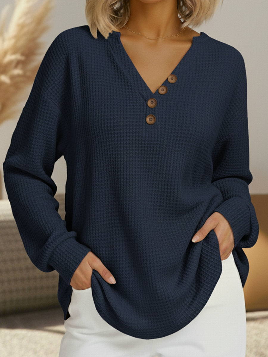 Damen Strickpullover Lina – V-Ausschnitt, feines Waffelmuster