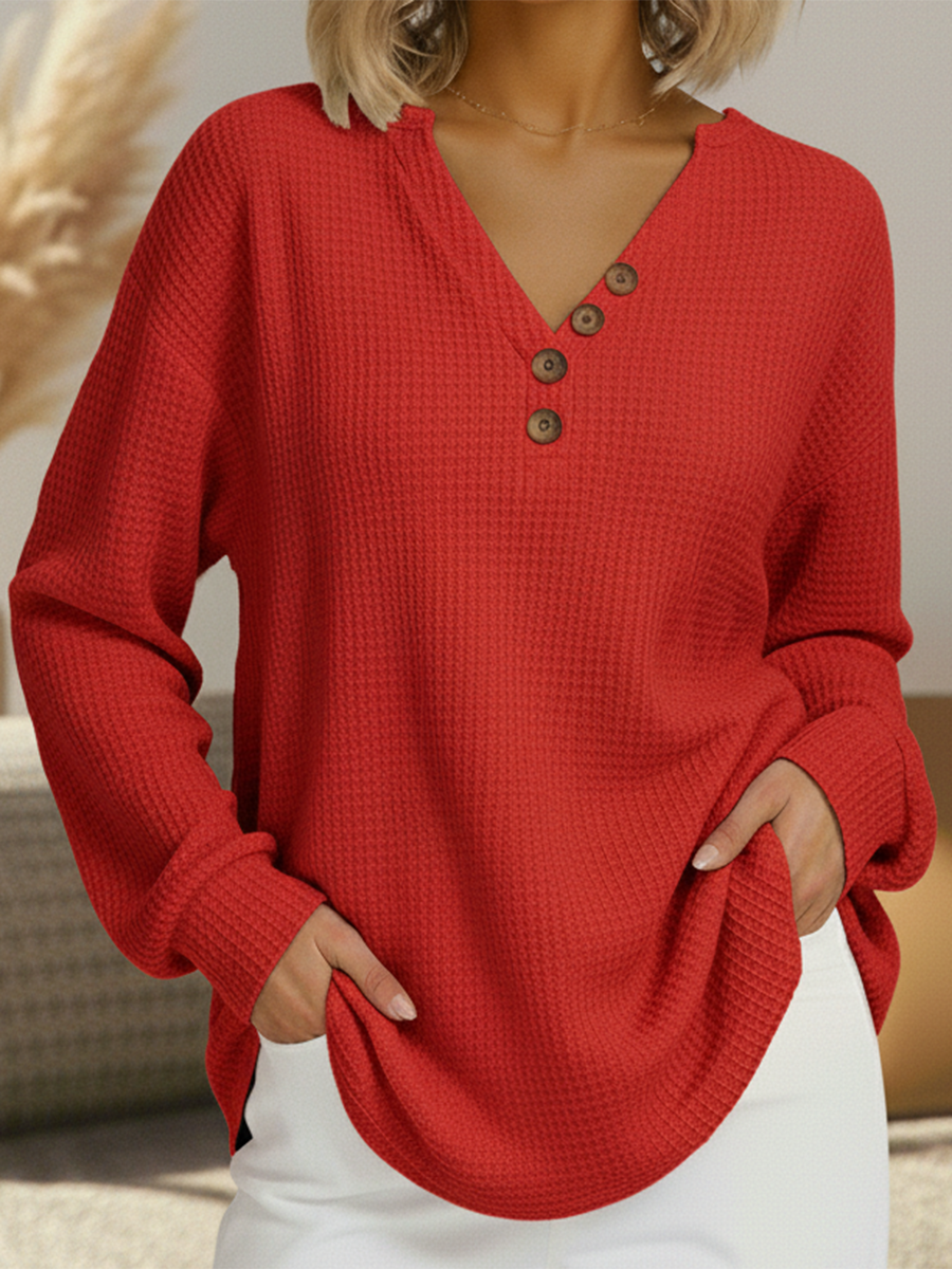 Damen Strickpullover Lina – V-Ausschnitt, feines Waffelmuster