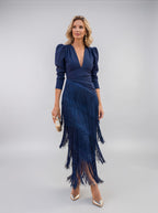 Damen Midikleid Emma – Fließend mit Fransen-Langärmeln