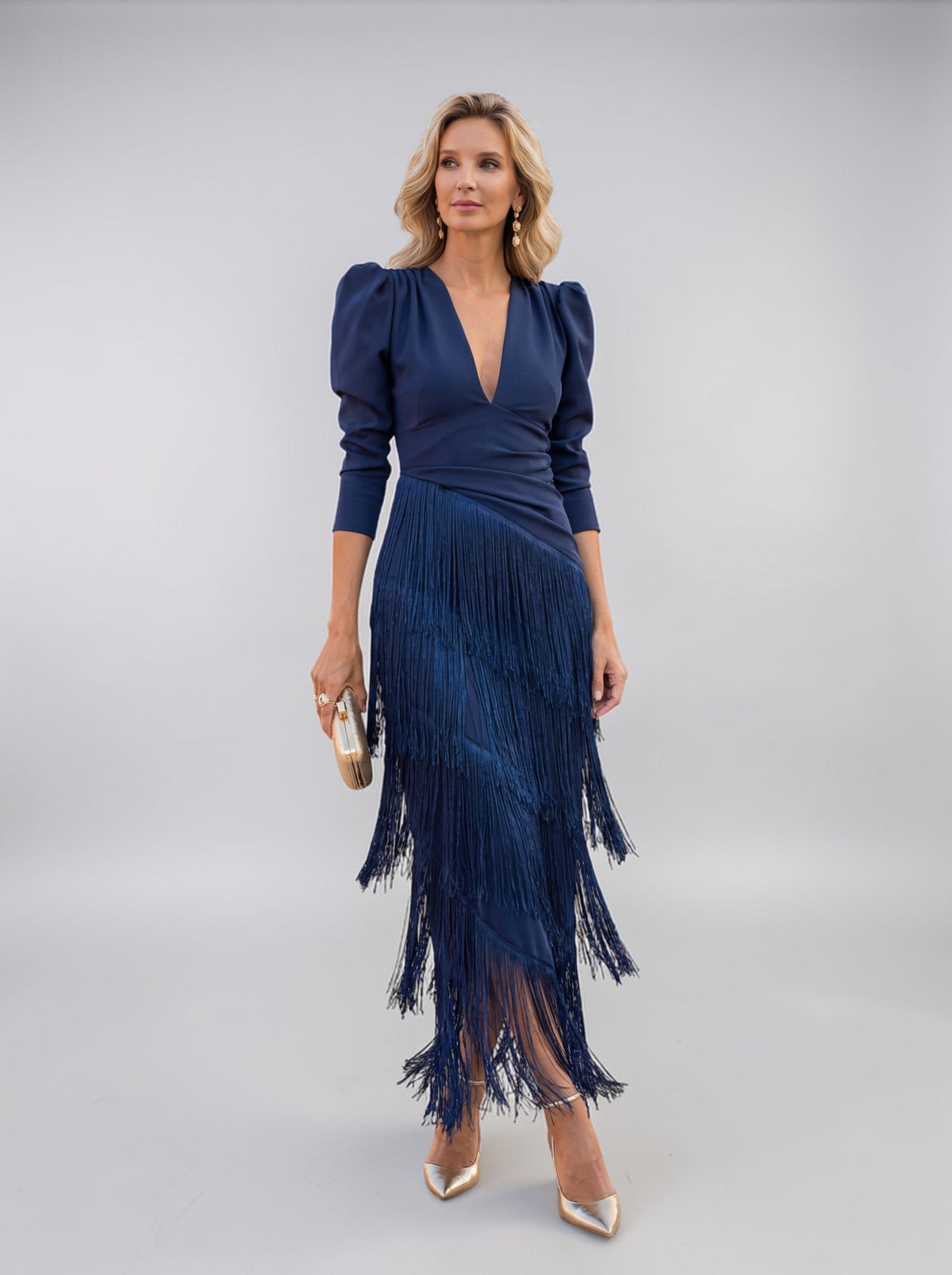 Damen Midikleid Emma – Fließend mit Fransen-Langärmeln