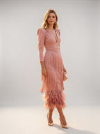 Damen Midikleid Emma – Fließend mit Fransen-Langärmeln