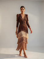 Damen Maxikleid Greta – Boho Fransen, V-Ausschnitt, Wildleder
