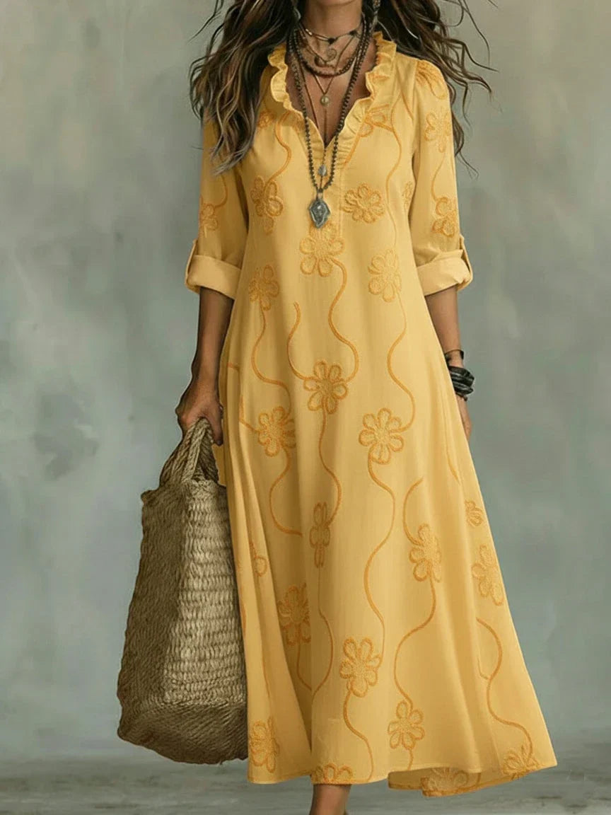 Damen Sommerkleid lang Emma – Boho Blumenmuster mit Volants