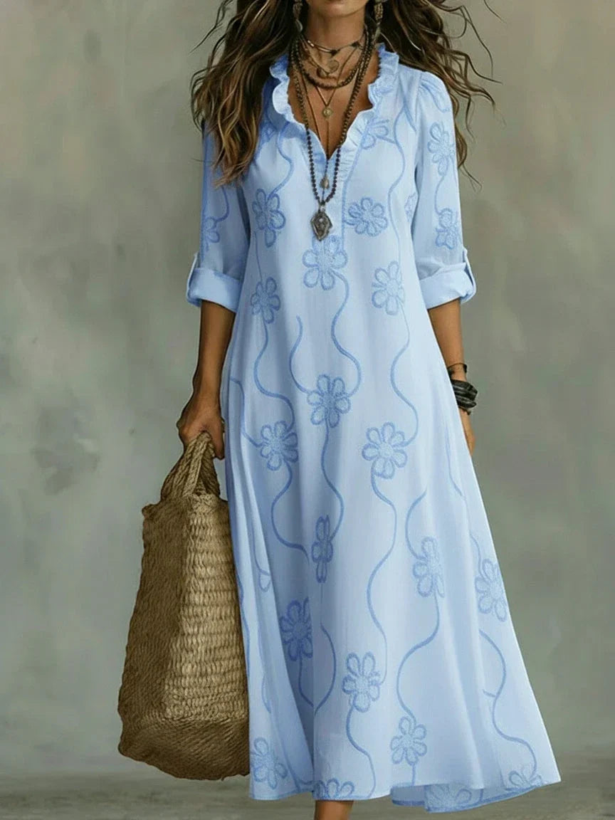 Damen Sommerkleid lang Emma – Boho Blumenmuster mit Volants