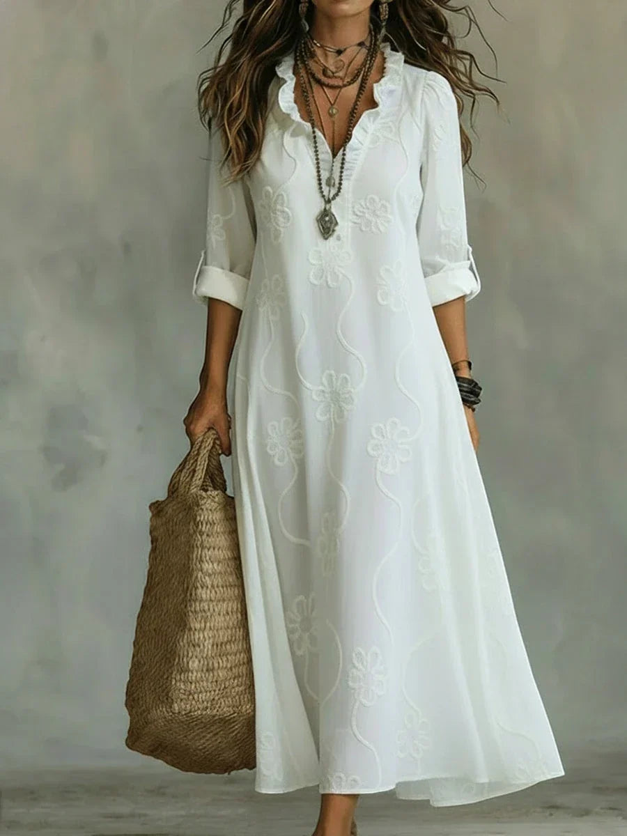 Damen Sommerkleid lang Emma – Boho Blumenmuster mit Volants