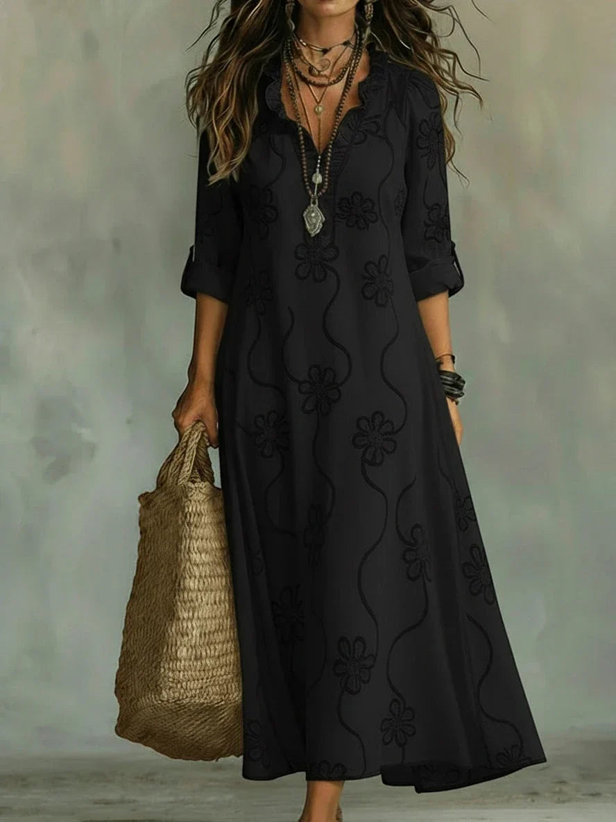 Damen Sommerkleid lang Emma – Boho Blumenmuster mit Volants
