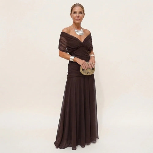 Damen Ballkleid Leila – Lange Eleganz, Off-Shoulder, Fließender Schnitt
