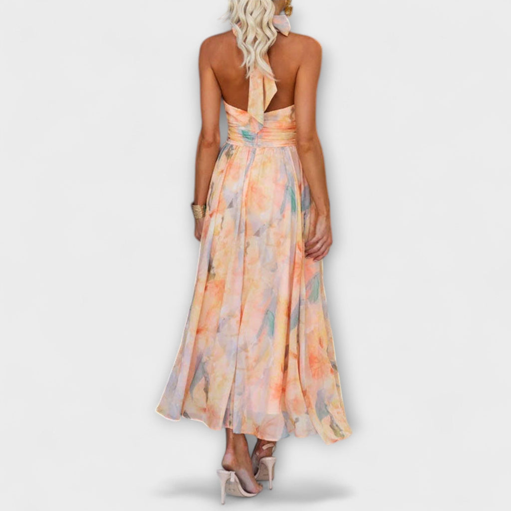Damen Maxikleid Sophia – Aquarell-Druck, Trägerkragen elegant