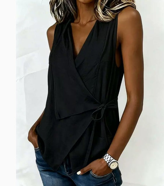 Damen Bluse ärmellos Greta – Wickeldesign, V-Ausschnitt