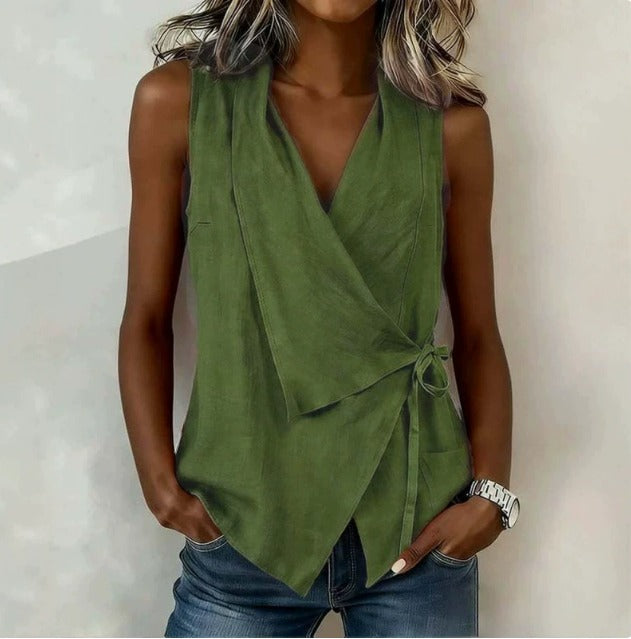 Damen Bluse ärmellos Greta – Wickeldesign, V-Ausschnitt