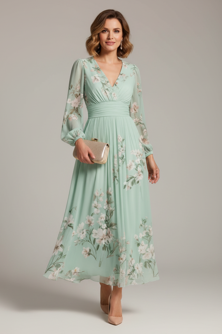 Damen Blumenkleid Midi Lena – V-Ausschnitt & Fließend