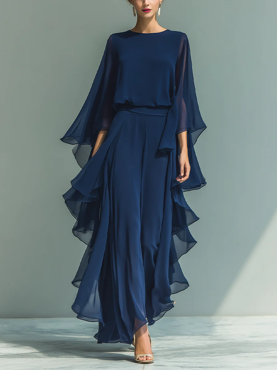 Damen Anzug Emma – Volants-Top, Gehrock-Hose, fließende Gaze
