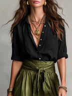 Damen Set Lina – Schwarze Bluse & olivgrüner Midirock, elegant