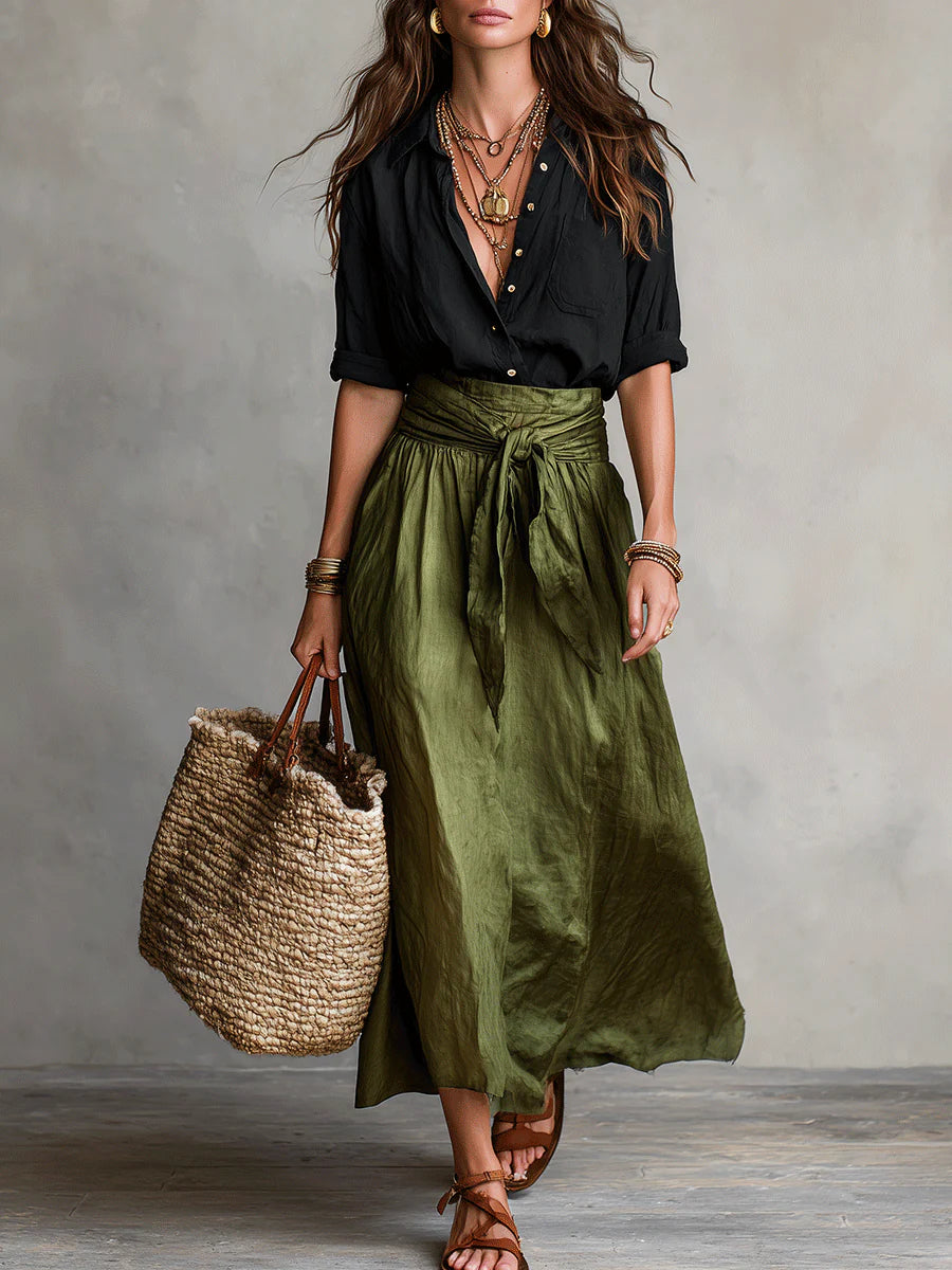 Damen Set Lina – Schwarze Bluse & olivgrüner Midirock, elegant