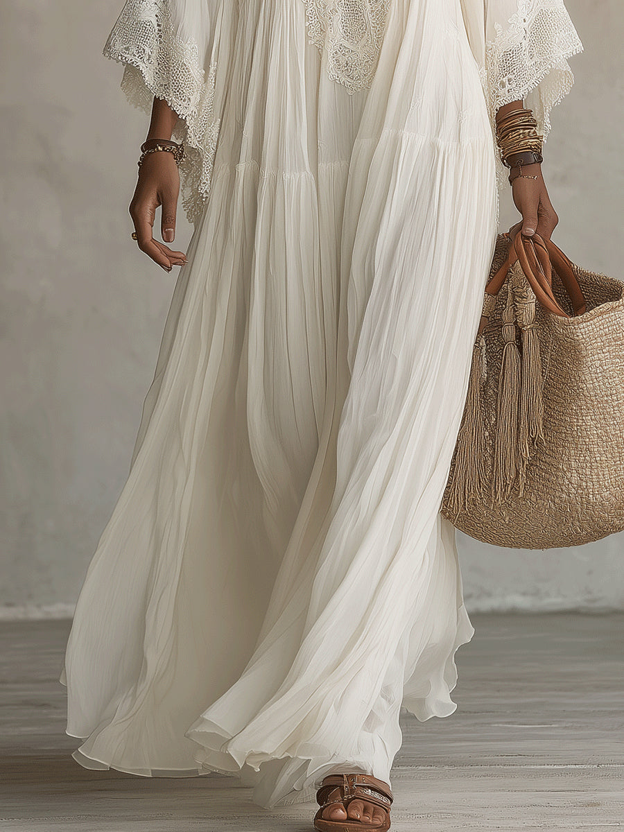 Damen Ibiza-Maxikleid Brisa – Häkelstoff, Weiß, Boho-Stil
