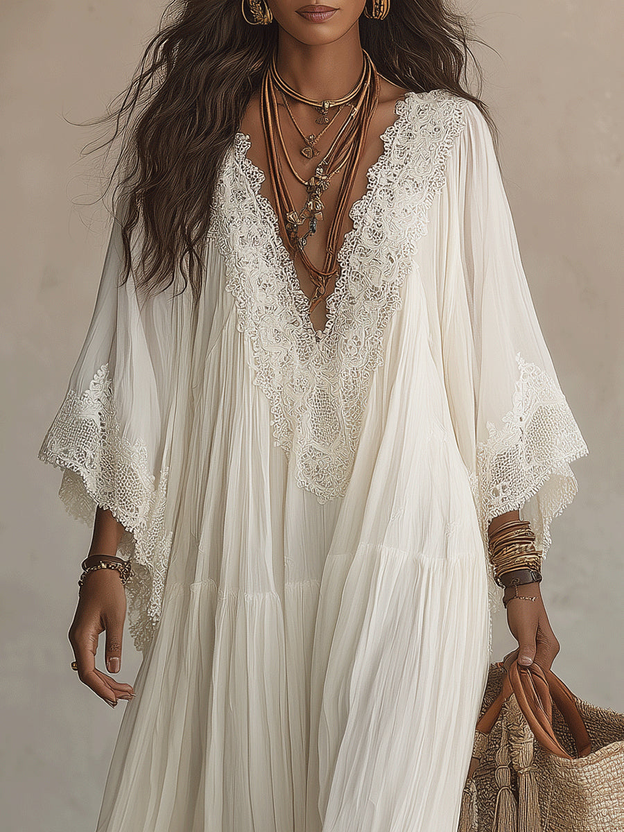 Damen Ibiza-Maxikleid Brisa – Häkelstoff, Weiß, Boho-Stil