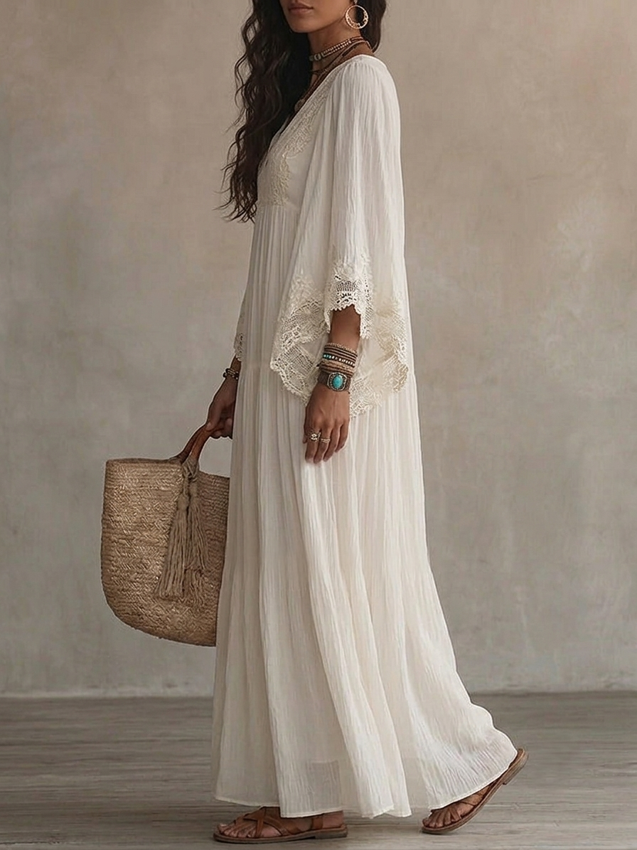 Damen Ibiza-Maxikleid Brisa – Häkelstoff, Weiß, Boho-Stil