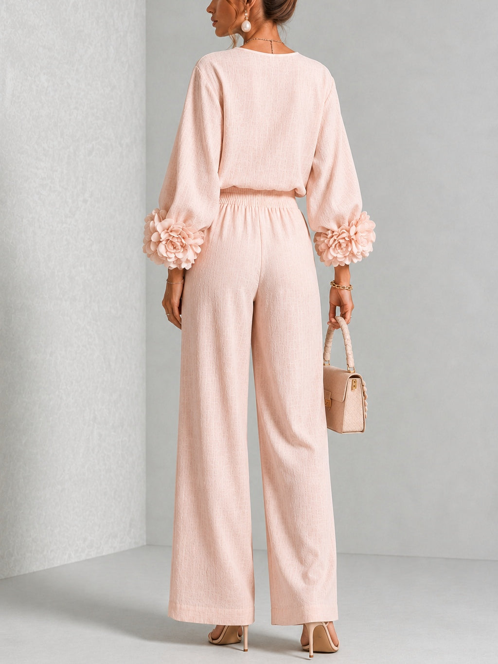 Damen Anzugset Lina – Bluse mit Blüten & Hose, Leinen-Mix
