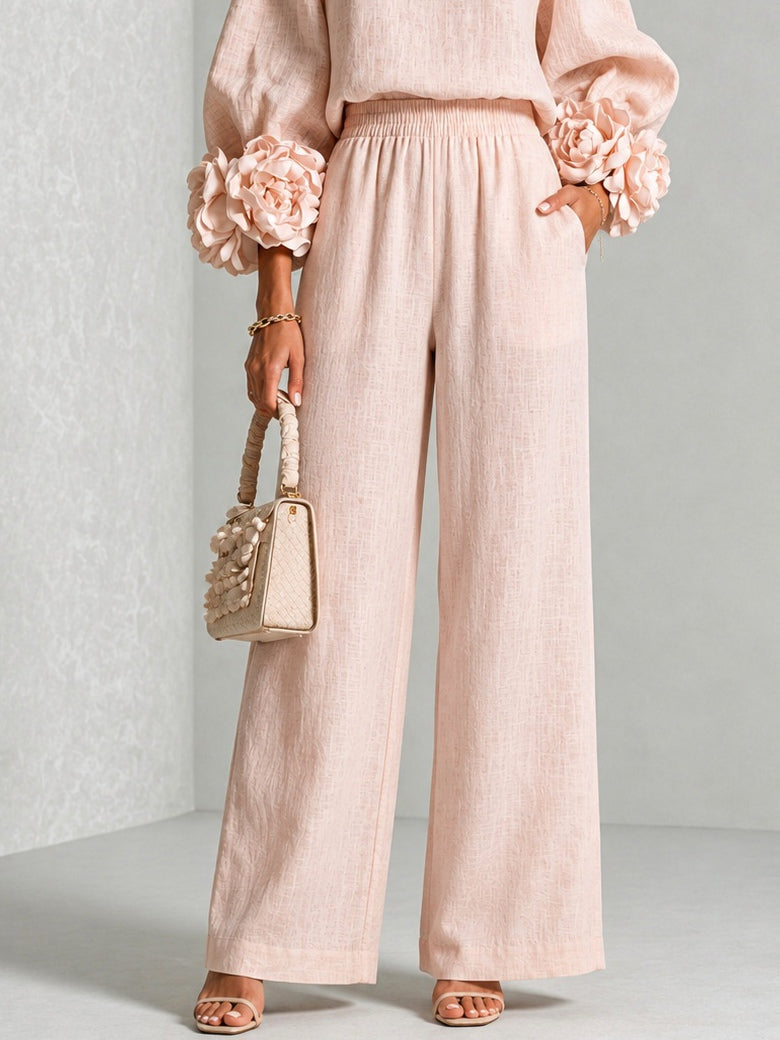 Damen Anzugset Lina – Bluse mit Blüten & Hose, Leinen-Mix