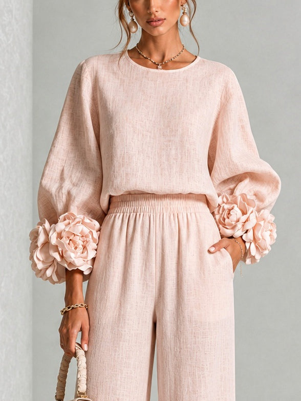 Damen Anzugset Lina – Bluse mit Blüten & Hose, Leinen-Mix