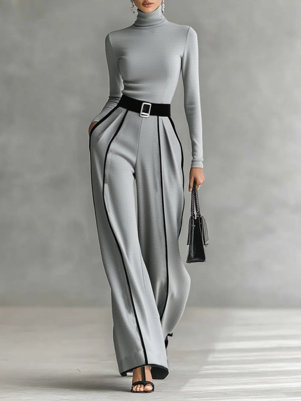Damen Ensemble Lina – Stehkragen, Weißeinfassung, Weitbeinhose