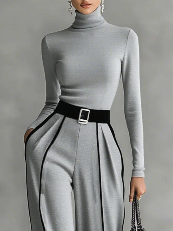 Damen Ensemble Lina – Stehkragen, Weißeinfassung, Weitbeinhose