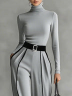 Damen Ensemble Lina – Stehkragen, Weißeinfassung, Weitbeinhose