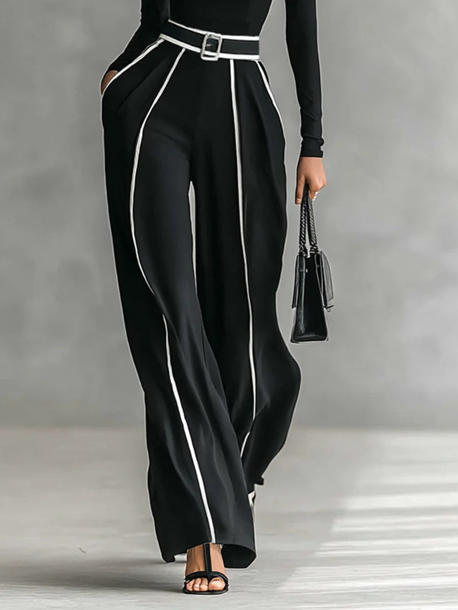 Damen Ensemble Lina – Stehkragen, Weißeinfassung, Weitbeinhose