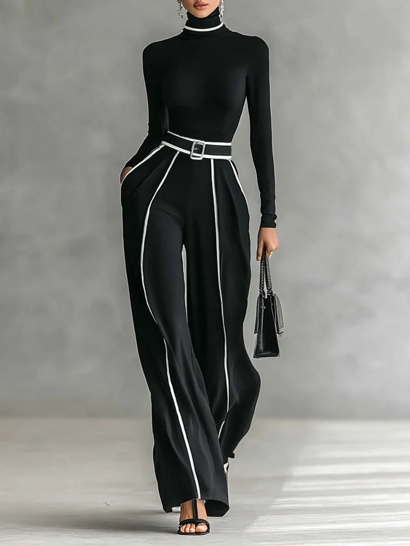 Damen Ensemble Lina – Stehkragen, Weißeinfassung, Weitbeinhose