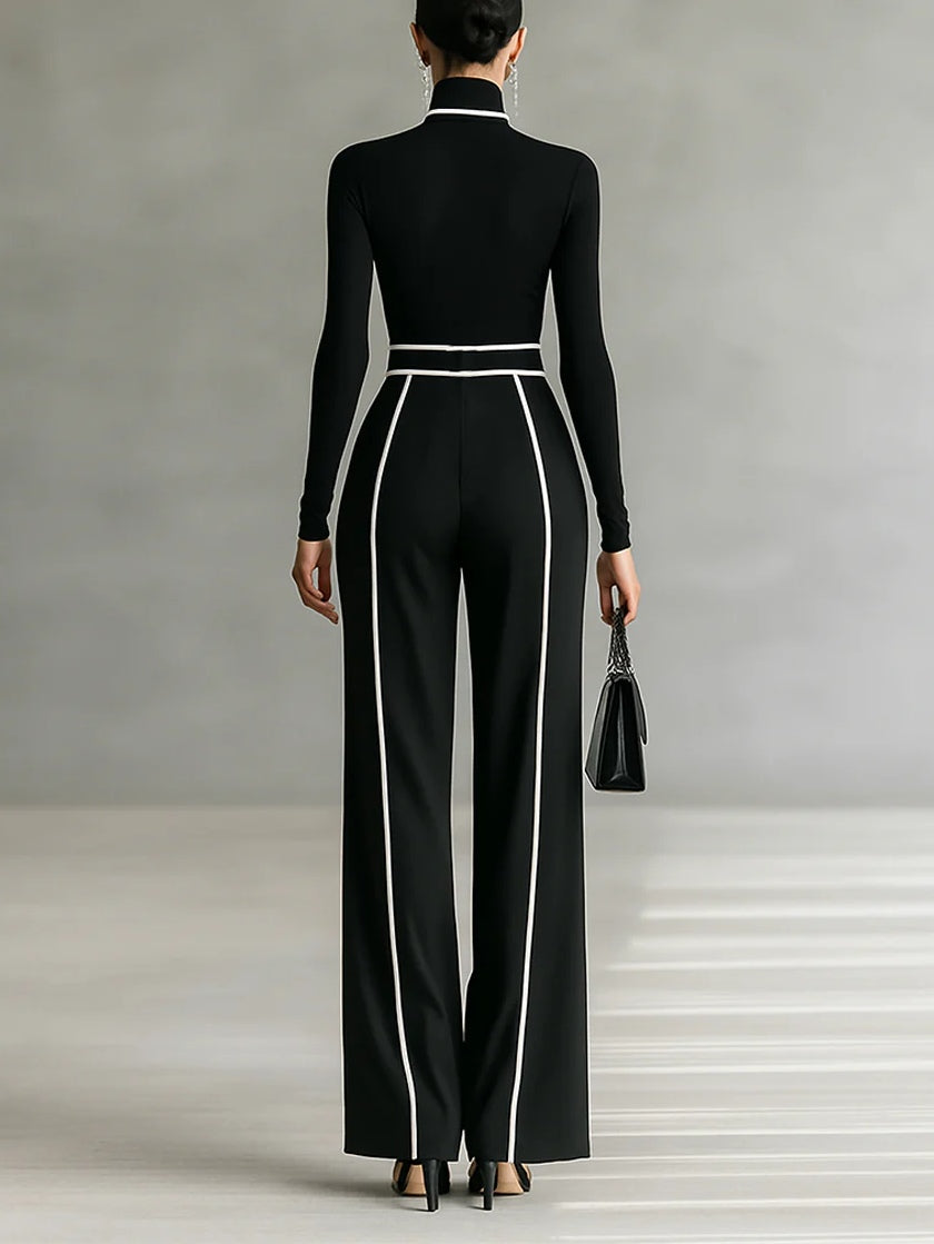 Damen Ensemble Lina – Stehkragen, Weißeinfassung, Weitbeinhose