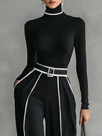 Damen Ensemble Lina – Stehkragen, Weißeinfassung, Weitbeinhose