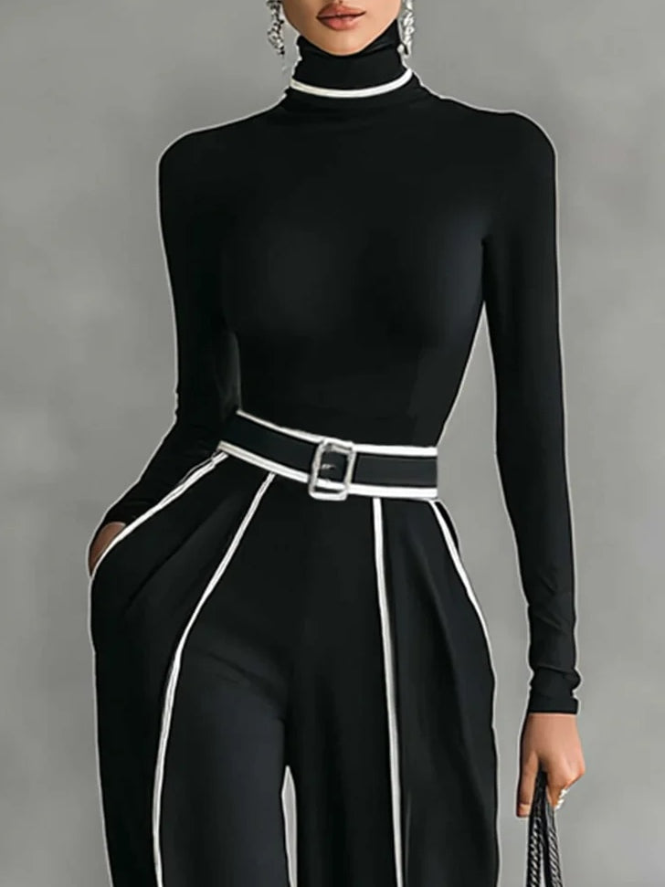 Damen Ensemble Lina – Stehkragen, Weißeinfassung, Weitbeinhose
