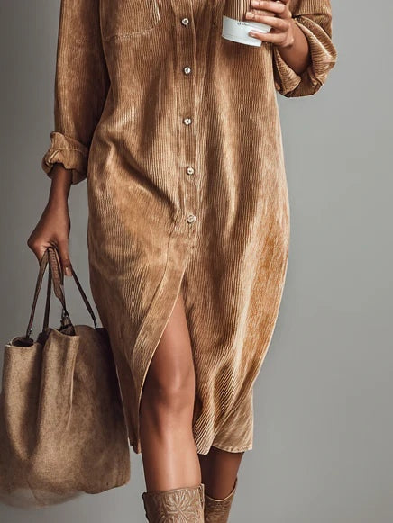 Damen Corduroy-Kleid Midi Sophie – Taschen & Knopfleiste