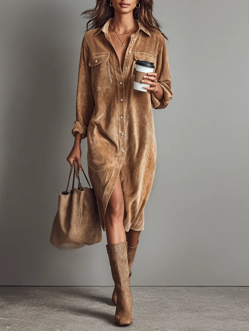 Damen Corduroy-Kleid Midi Sophie – Taschen & Knopfleiste