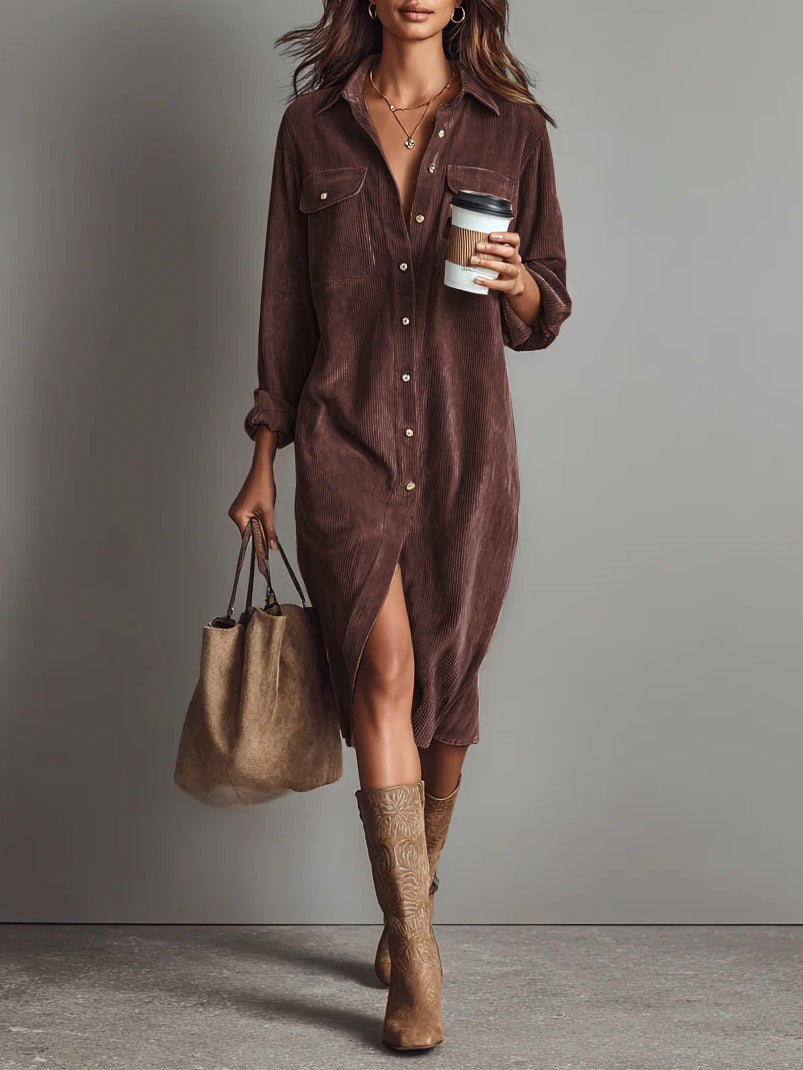 Damen Corduroy-Kleid Midi Sophie – Taschen & Knopfleiste