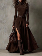 Damen Wildlederkleid Alicia – Maxi, Rollkragen, eleganter Schnitt