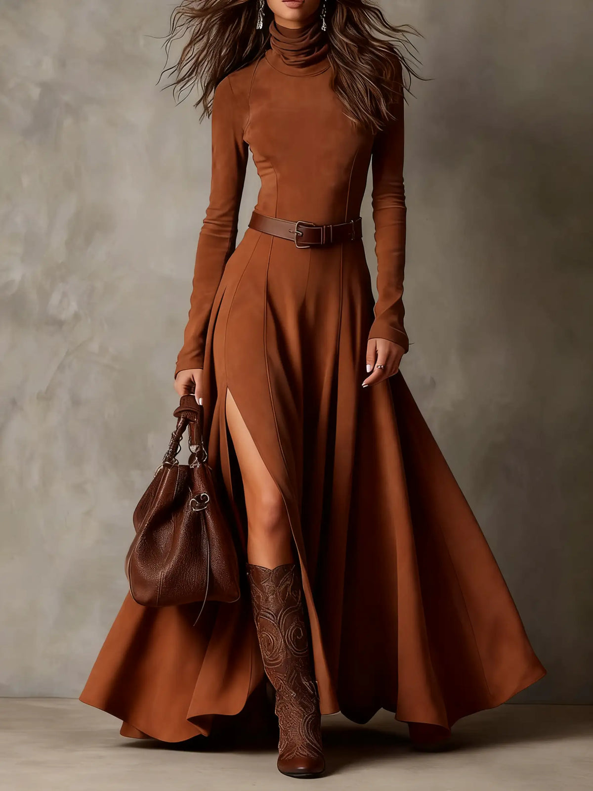 Damen Wildlederkleid Alicia – Maxi, Rollkragen, eleganter Schnitt