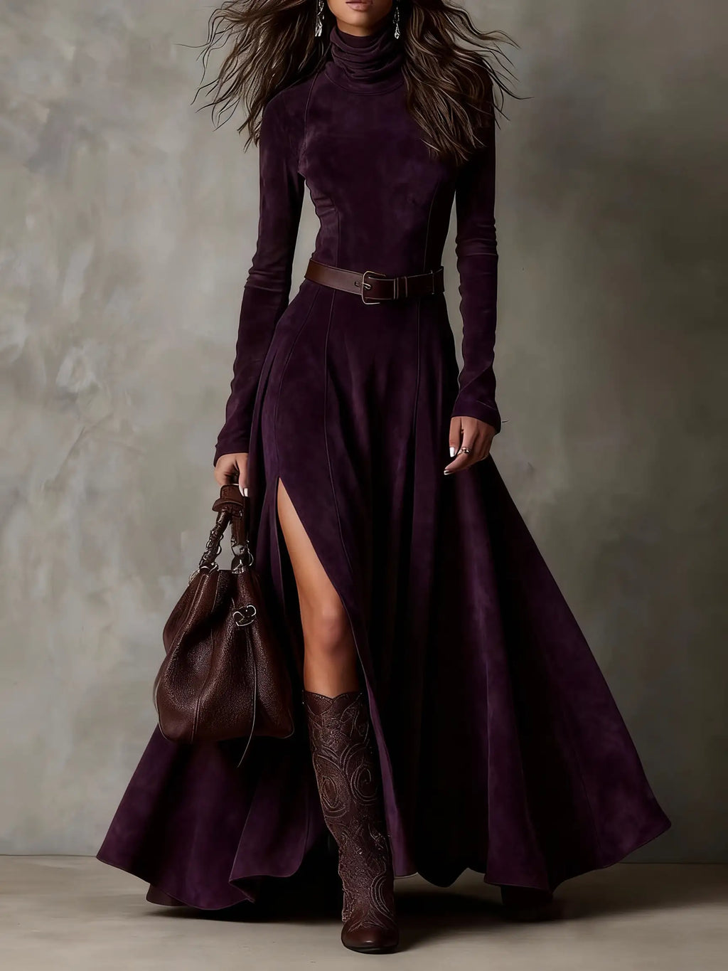 Damen Wildlederkleid Alicia – Maxi, Rollkragen, eleganter Schnitt