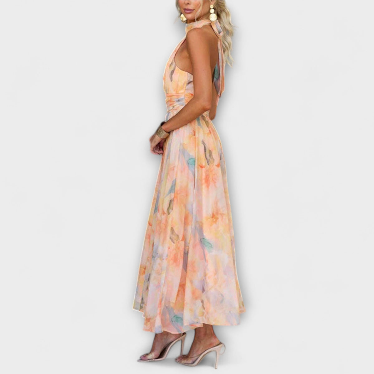 Damen Maxikleid Sophia – Aquarell-Druck, Trägerkragen elegant