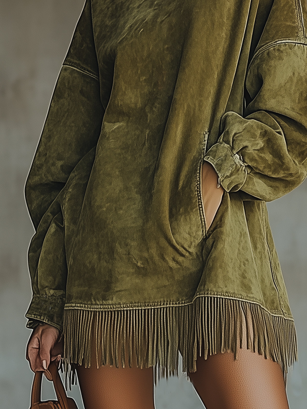 Damen Kleid Nina – Hochkragen, Kunstwildleder, Fransen
